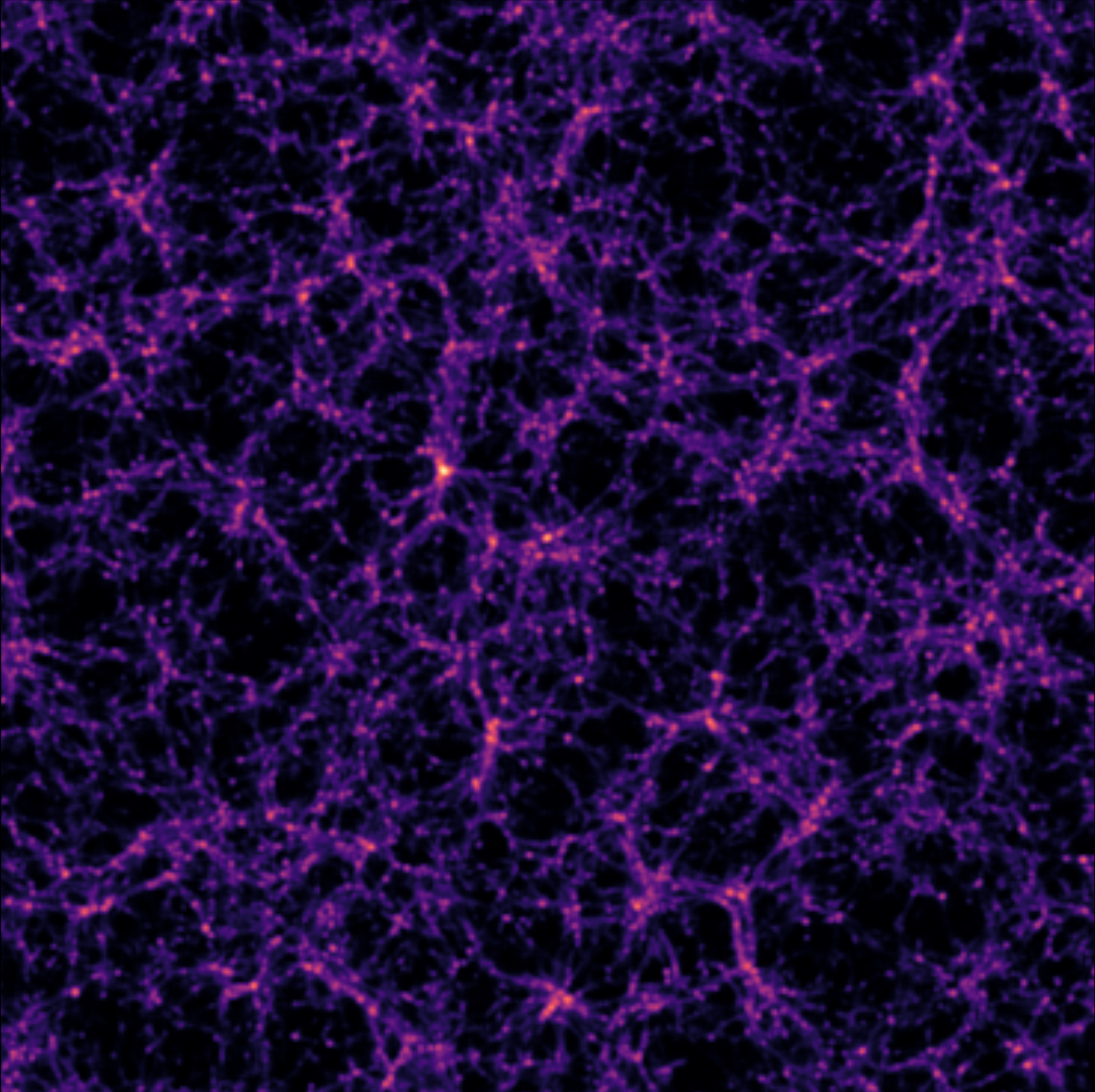 simulation showing cosmic web in purple, red on a dark background