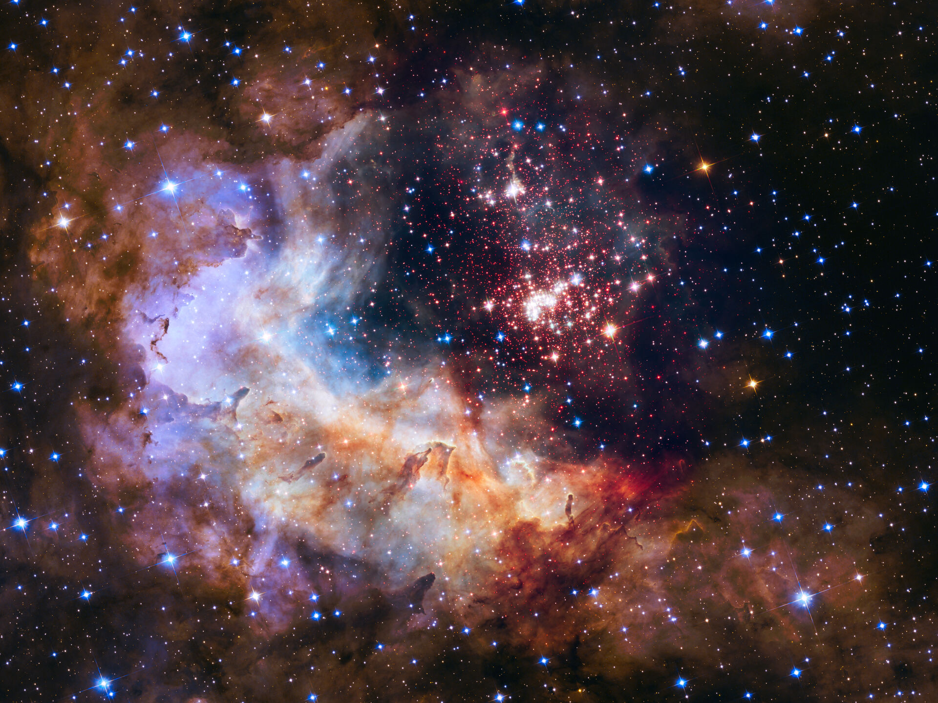 Image of hot, bright stars next to the star-forming region RCW 49.