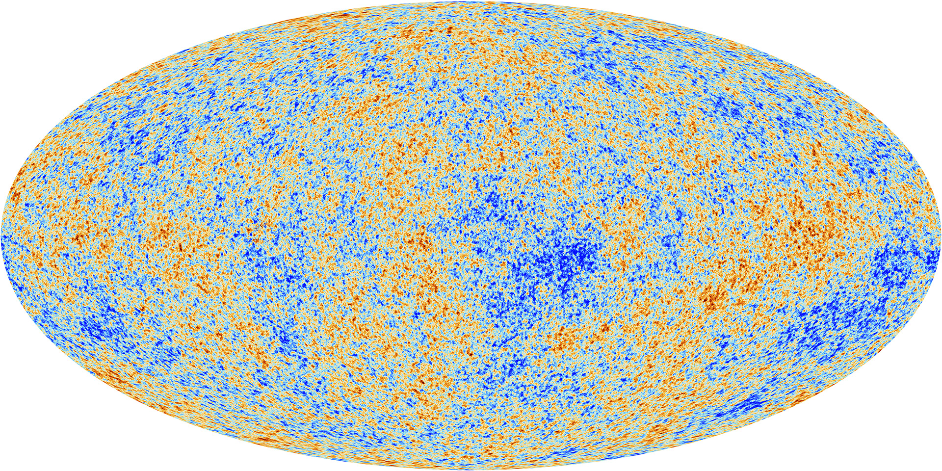 image of the cosmic microwave background radiation showing colourful dots (mostly blu, orange, yellow, red)