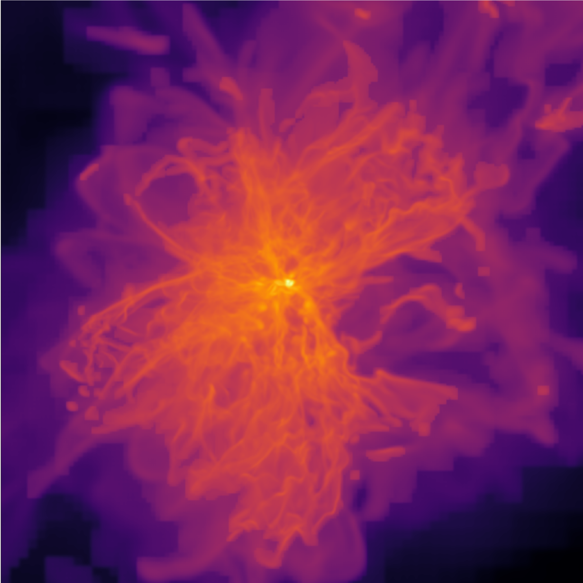 simulation of a molecular cloud. It shows red, yellow flame-like structures