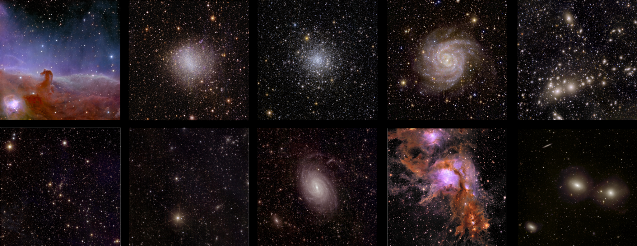 bildekollage av 10 ekte bilder av galakser, stjernehopper og andre astronomiske objekter