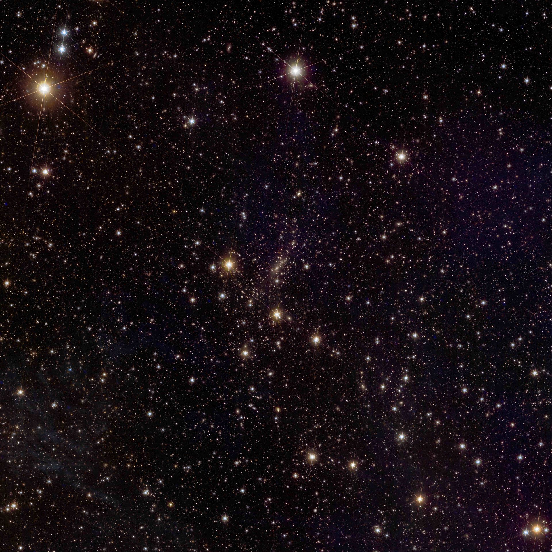 Euclids bilde av galaksehopen Abell 2390 avslører mer enn 50 000 galakser og viser et vakkert skue av gravitasjonslinsing, som fremstiller enorme buede buer på himmelen – noen av disse er faktisk flere bilder av det samme fjerne objektet.