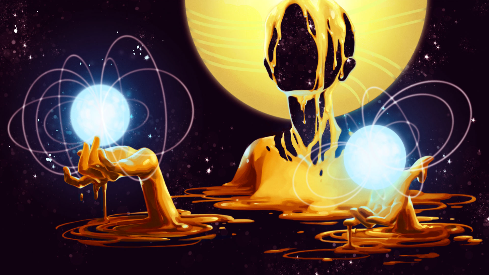 artistic illustration of a person emerging from space and holding planets, stars 
