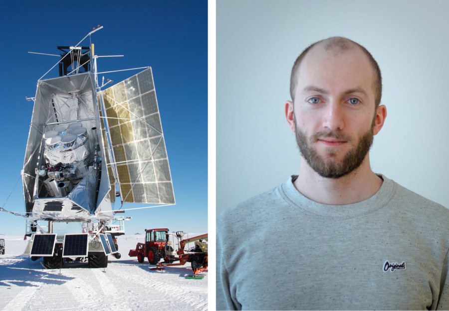Right: photo of a satellite transported on snow and ice, Left profile picture of Harald Thommesen