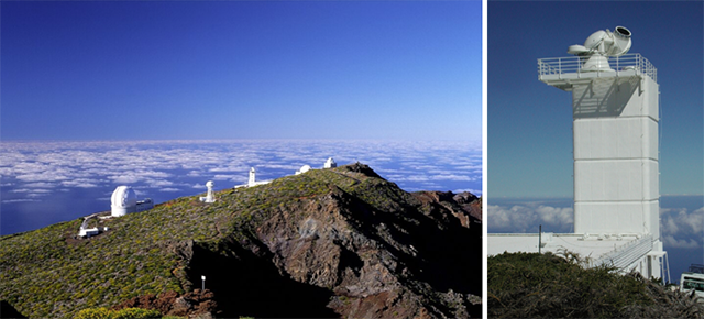 bilder av solteleskopet på toppen av øya La Palma