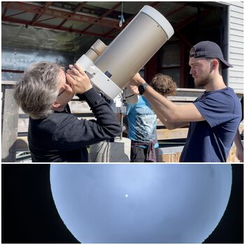 Øverst: Jon Tomter assisterer forsker Håkon Dahle med å få stilt inn teleskopet på Venus. Nederst: Venus sett gjennom det samme teleskopet.