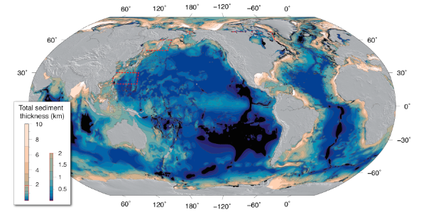 GlobSed. The new map of sediment thickness in the world's oceans. It is also the first global map to cover the Nordic Seas and the Arctic Ocean.