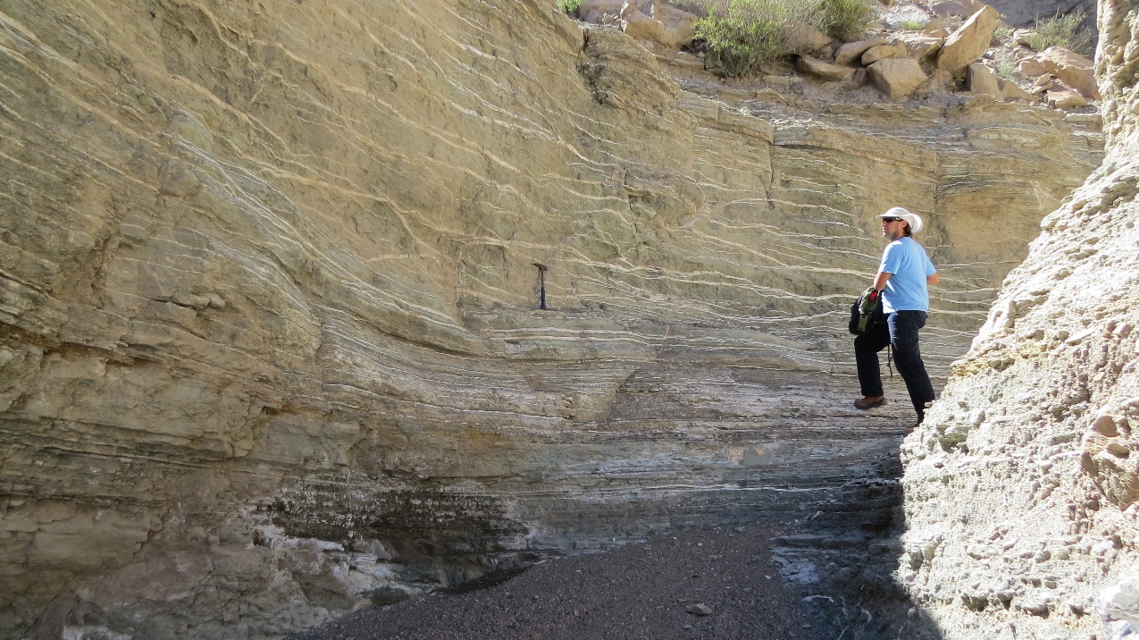 Figure 2. Abundant horizontal fractures with gypsum infill. This was one of the most spectacular locations and perfect for collecting large amounts of data, such as structural measurements, samples and photographs. Foto: Octavio Palma