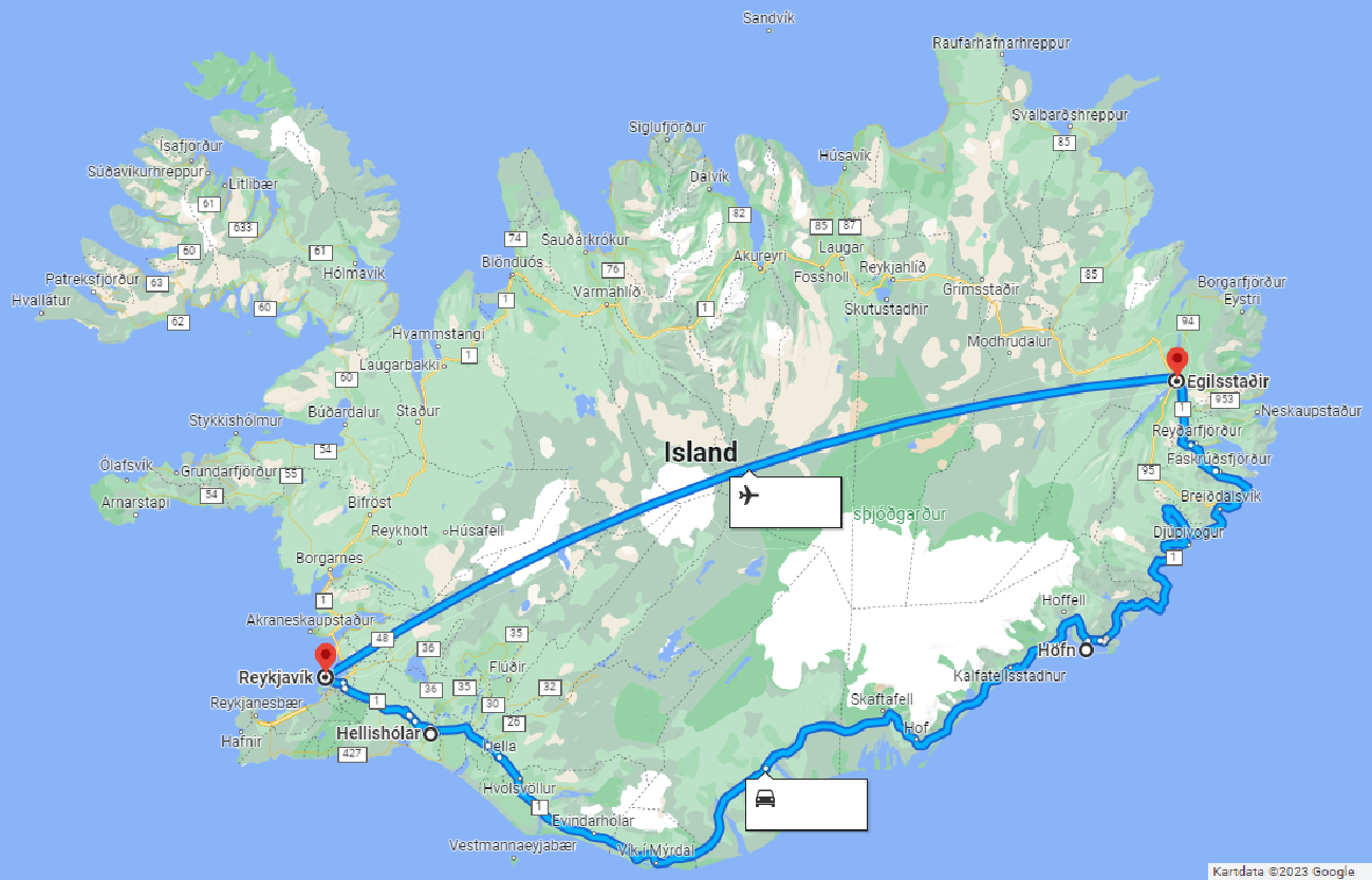 Map of Iceland with travelling route from Reykjavik to Egilsstadir by plane, then from Egilsstadir to Höfn to Hellisholar to Reykjavik by bus