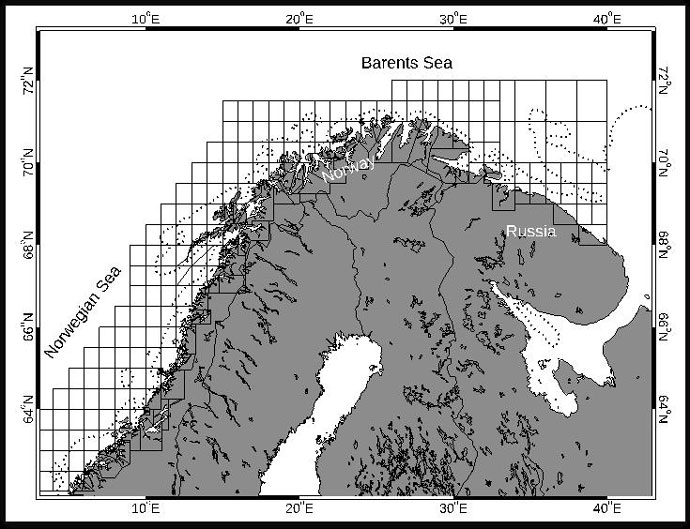 Map of coast of Norway with geographical data distribution