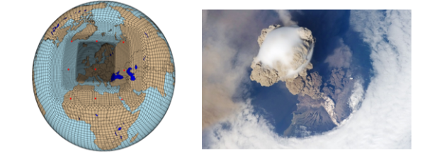 Left: Output grid of the Variable CESM model, sequentially increasing in resolution from ~111 km to ~14 km over Europe/ North Atlantic. (©Pardeep Pall) Right: Sarychev volcano eruption on June 12, 2009 as viewed from the International Space Station 