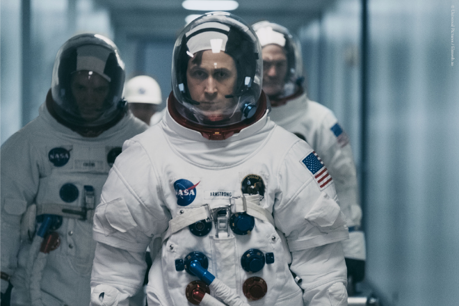 Ryan Gosling in astronaut outfit as Neil Armstrong in the movie First Man.