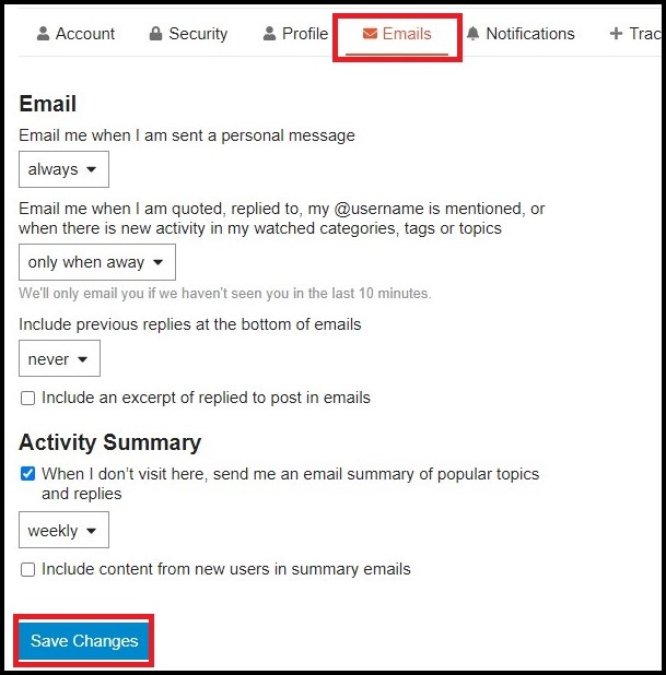 screenshot on how to set up email notifications
