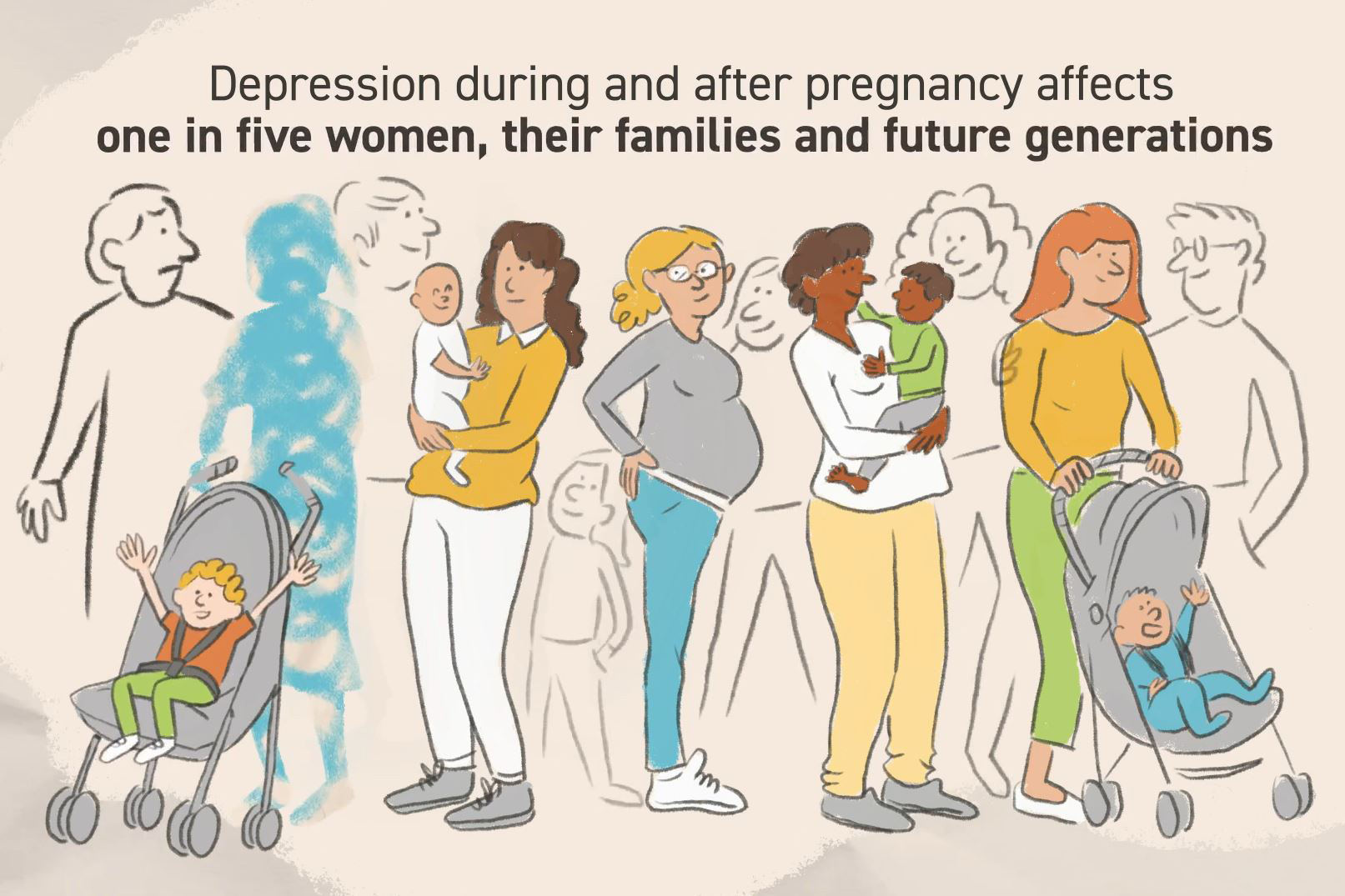Teikning av fem gravide kvinner og nybakte mødrer (skjermdump frå video lenger nede i saka)