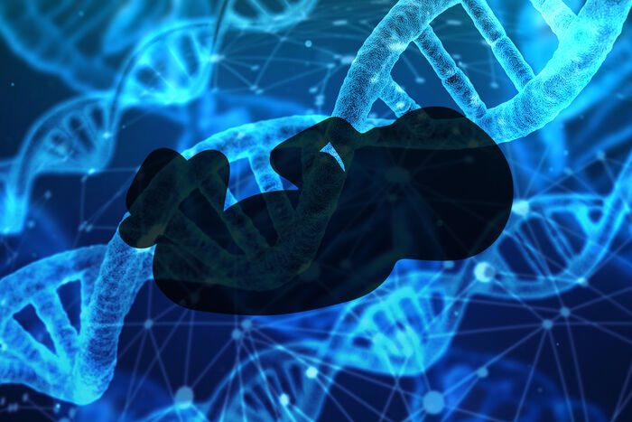 Silhuett av foster mot ein bakgrunn av illustrasjon av DNA-molekyl