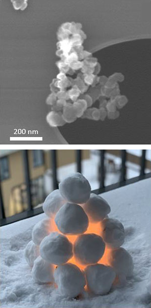 Montasje av to ulike bilete. Øvst: mikroskopbilete av nanopartiklar stabla som ei snølykt. Nedst: snølykt