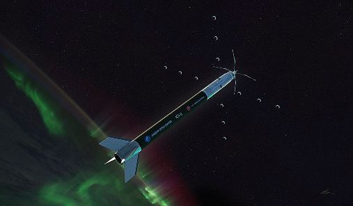 Rocket flying through aurora