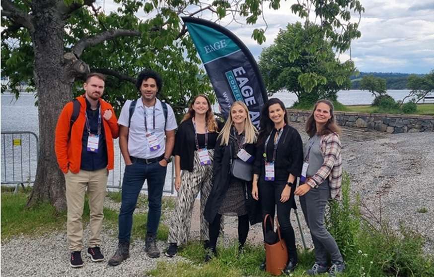 Photo: Some of the participants from the Department of Geosciences: Owen Huff, Mohammad Masoudi, Sian Evans, Nora Holden, Aurora Machado Garcia and Tereza Mosociova (left to right) at the EAGE conference evening event and closing on Bygdøy. Photo: Richard Crichton