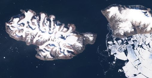 Glaciers and fjord ice in Northern Greenland observed by the Sentinel-2 satellite. Photo: Copernicus/ESA