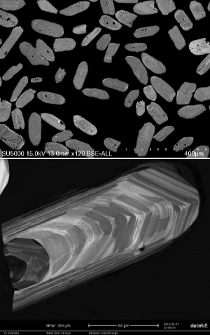 SEM images of zircon used to aid navigation and identifying areas of interest in laser-ablation U-Pb and Lu-Hf studies. Photo: Hans Jørgen Kjøll, CEED, UiO