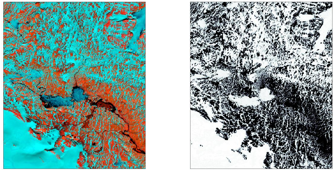 Fig.2 Spectral unmixing results over Finse by Kristoffer Aalstad. Atmospherically corrected reflectance from Sentinel-2 (left) and fractional snow-covered area (right). Image date : 08.06.2018