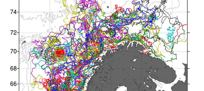 Poleward-drifter trajectories at the coast at North-Norway. Figure: Inga Koszalka, UiO