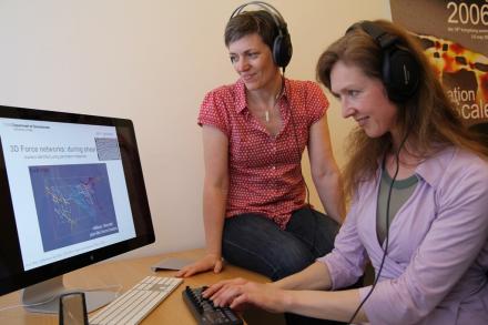 Picture: Karen Mair (left) and Natasha Barrett listen to the sounds as they study a computer model that explains a little about what happens inside a stone crusher. By using a keyboard or another controller you can regulate the strength of the various sounds and thereby create your artistic expression.