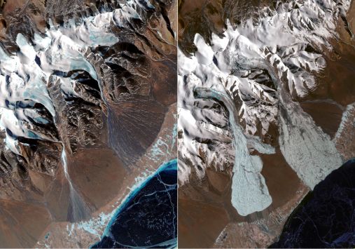The ICEMASS project analysed glacier avalanches in Tibet, with satellite images showing before (left) and after (right) the events. Image credit - Contains modified Copernicus Sentinel data (2019)/processed by A. Kääb, Department of Geosciences, University of Oslo, 2019
