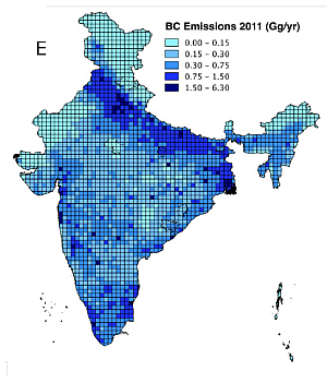Black Carbon Emission Inventory for India. Figure: HyCAMP-Project, GEO, University of Oslo