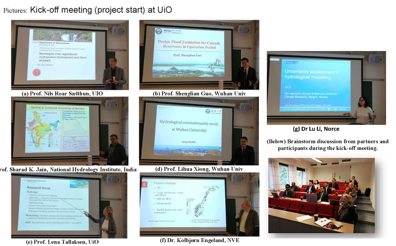 Pictures from the kick-off presentations and scientific project team members. From top left: Sælthun, GuO, LI, Jain, Xiong, Tallaksen, Engeland & other partners and stake holders.