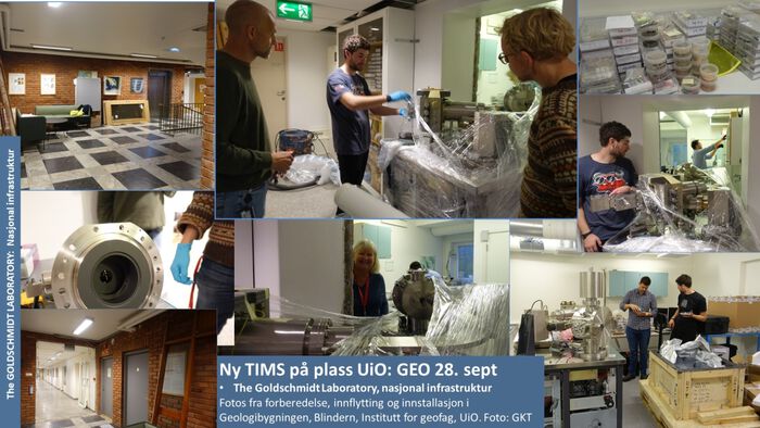 The new TIMS infrastructure arrives in the Goldschmidt laboratory. Collage of photos from the installation process in the laboratory in the basement of the Geology Building, University of Oslo.Photo: Gunn Kristin Tjoflot