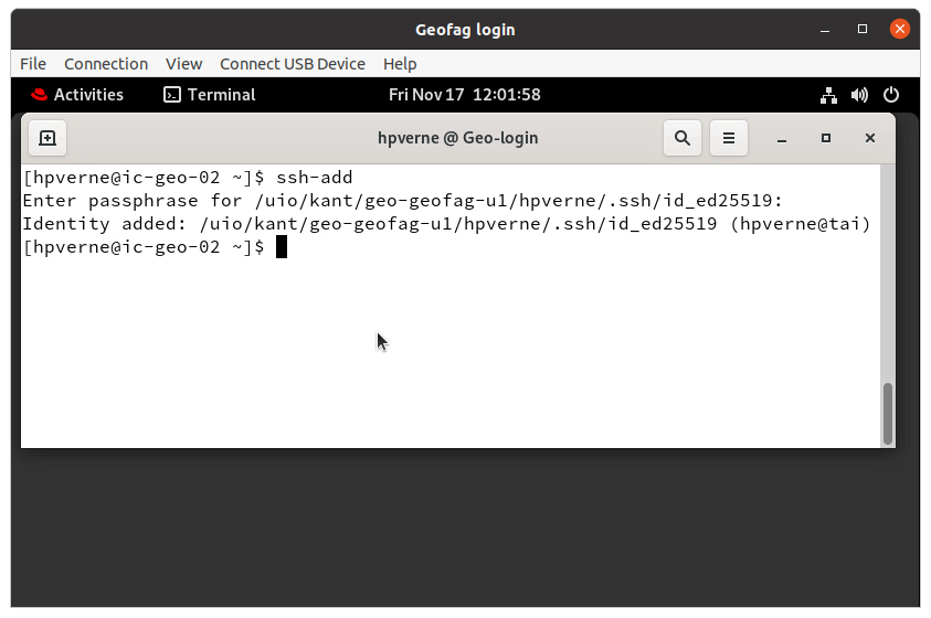 Screenshot showing use of ssh-add on the VDI