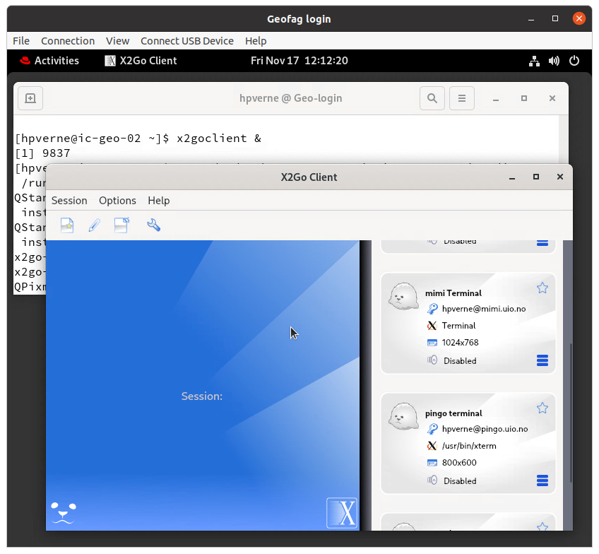 Screenshot showing x2goclient running on the virtual desktop