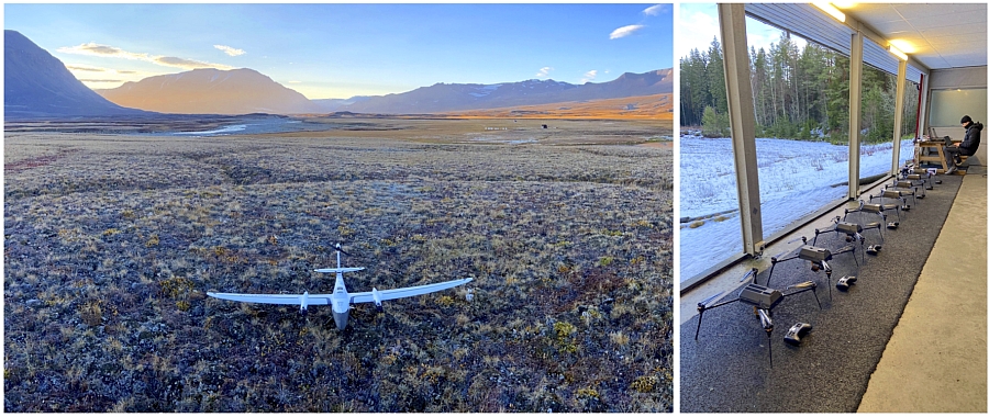 Foto: Droner og et ubemannet fly gjøres klare for flygning. Foto: Norbert Pirk