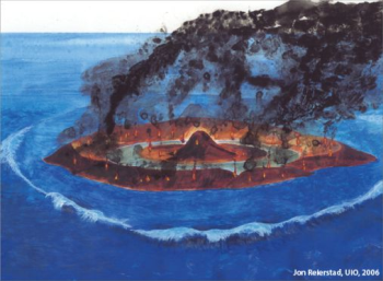 Då meteoritten slo ned på havbotnen i Barensthavet. Illustrasjon: Jon Reierstad/UiO/2006