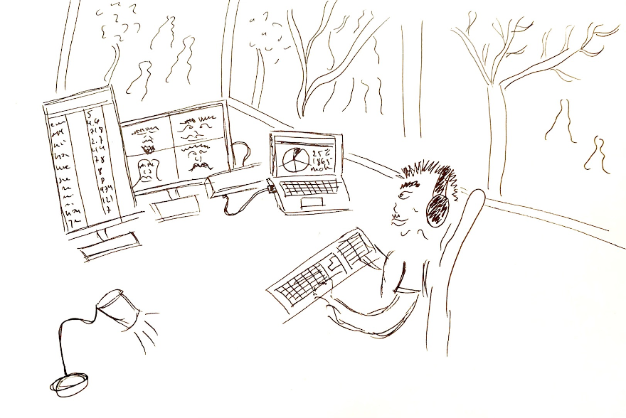 Person sitter ved en pult og arbeider på data, vinduer med trær utenfor. 