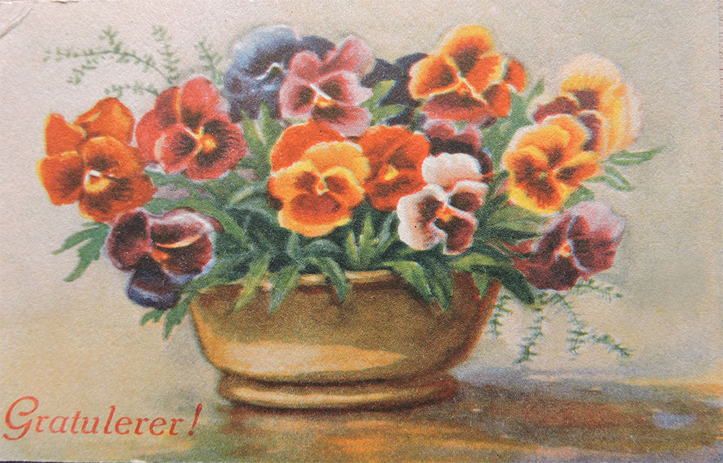 Postkort vase med stemorsblomster