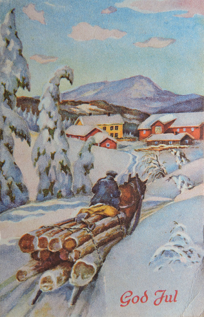 Postkort kjøring av tømmer med hest