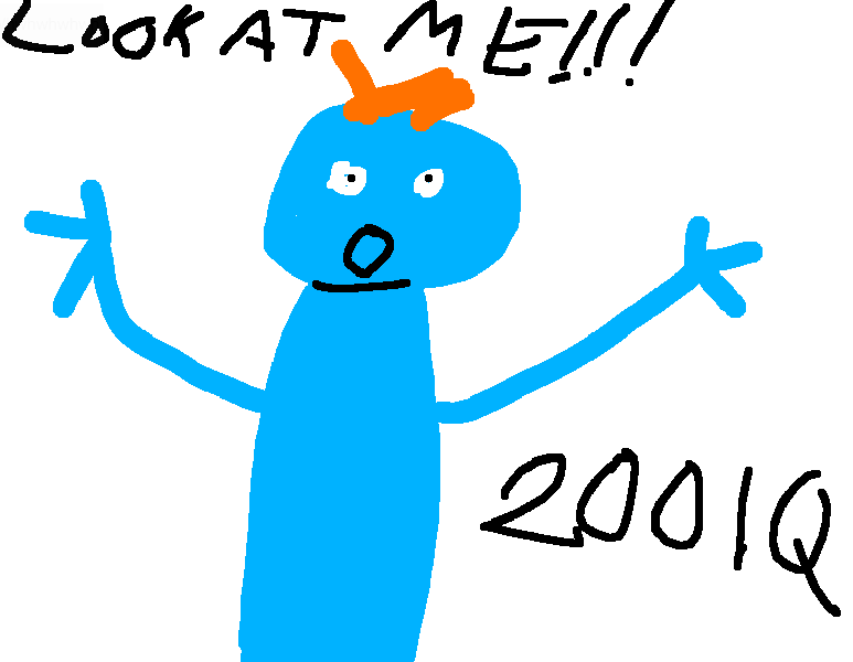 En tegning noen har laget i spillet skribbl, som viser en merkelig karakter som sier "Look at me!"
