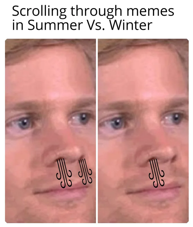 Tekst: Scrolling through memes during summer vs winter. Bildet viser en mann som først ler ved å blåse luft ut av nesen, og så bare blåse luft ut av ett nesebor.