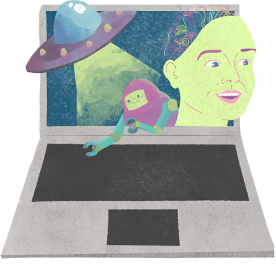 Bildet er en illustrasjon av en laptop som viser to roboter og en UFO