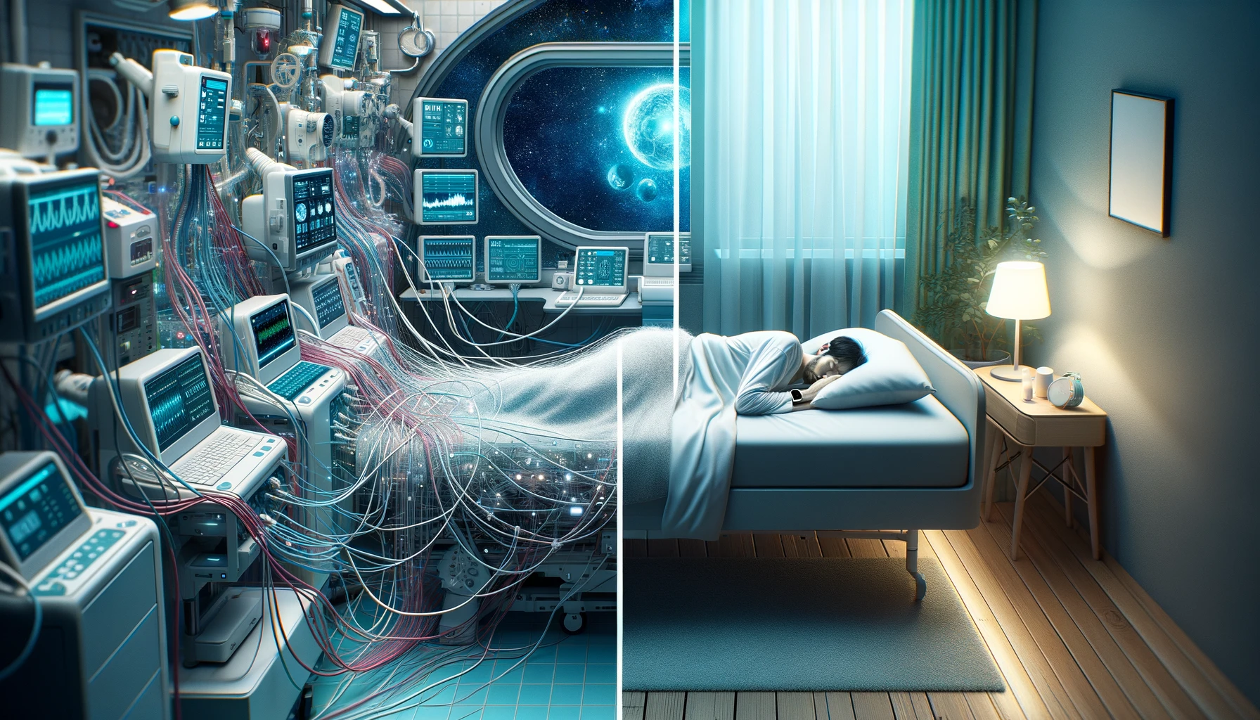 Split image illustration. On the left, a detailed medical room is vividly depicted with a patient asleep, enveloped by advanced medical machinery. Wires connect them to sensors and screens that display sleep metrics. The environment feels intricate and sterile. Transitioning to the right, a complete contrast emerges. A calming bedroom scene unfolds, with the same patient resting peacefully. A smart wristband is clearly visible on their wrist, capturing essential sleep data. The soft lighting, comfortable pillows, and serene ambiance emphasize the wristband's non-intrusive and efficient monitoring capability.