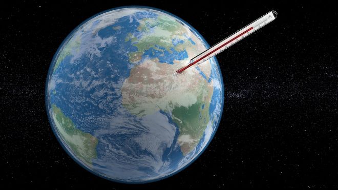 Jordkloden sett fra verdensrommet med temperaturmåler