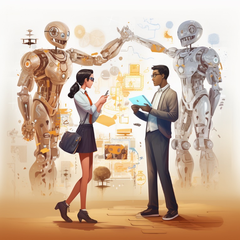To personer møtes med hver sin robot i overhengende silhuett