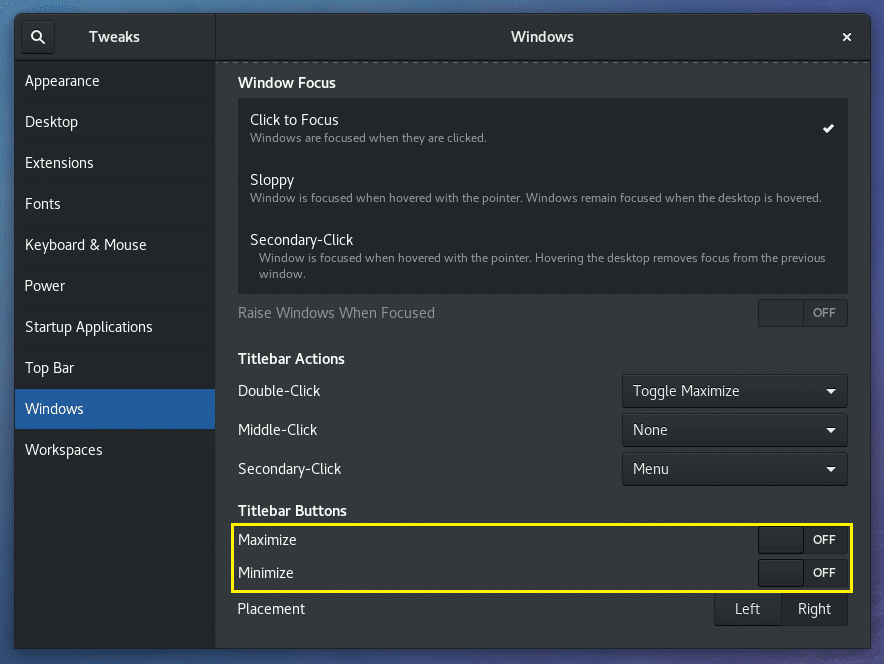 Gnome-tweaks before enabling maximise and minimise buttons