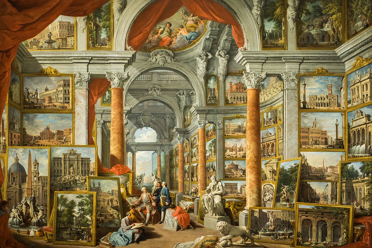 Et maleri av et atellier med malerier av Roma