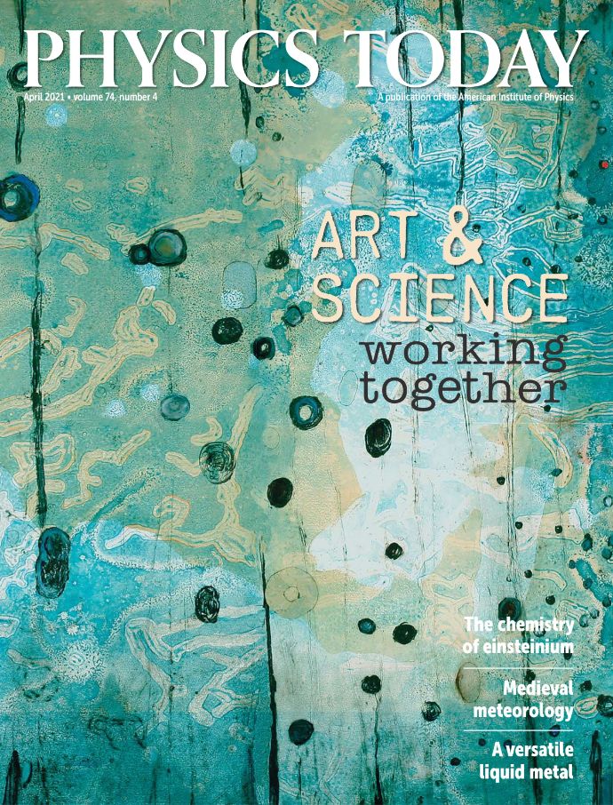 Green-blue background with darker dots. At the top white text with "Physics today", on the right side in the middle black text saying "Art & science working together", more white text in the bottom right corner.