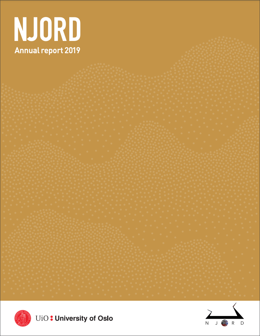A brown rectangle with white dots, the title 'Njord annual report 2019' at the top left and the seals of UiO and Njord at the bottom. The picture shows how the front page of Njord's annual report 2019 looks like.