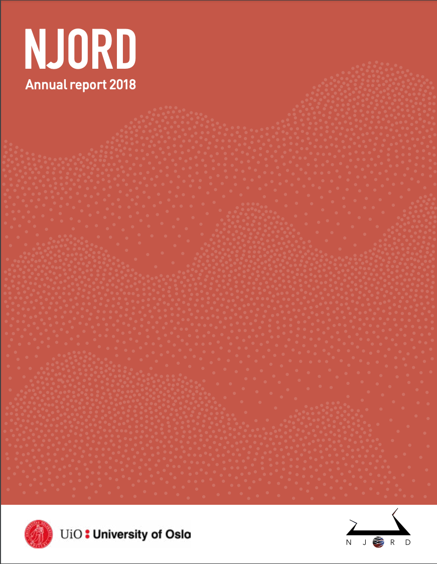 A red rectangle with white dots, the title 'Njord annual report 2018' at the top left and the seals of UiO and Njord at the bottom. The picture shows how the front page of Njord's annual report 2018 looks like.