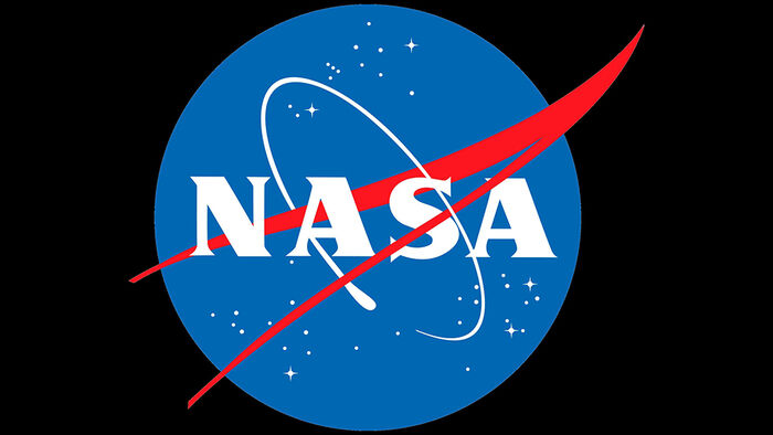 The logo of NASA: Blue, red and white.